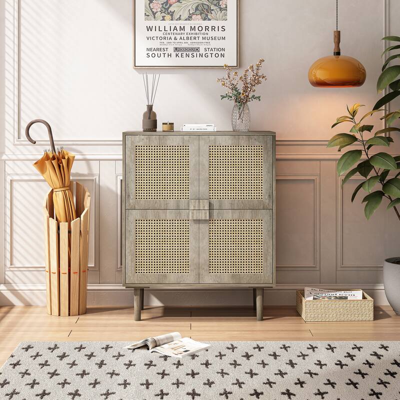 4-Doors Rattan Mesh Storage Cabinet,Sideboard with Eight Storage Spaces, for Entryway, Living Room, Hallway - Grey