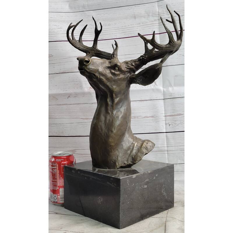 Elk Deer Reindeer Head Bronze Bust Sculpture Statue On Marble Base Lodge Cabin Decor