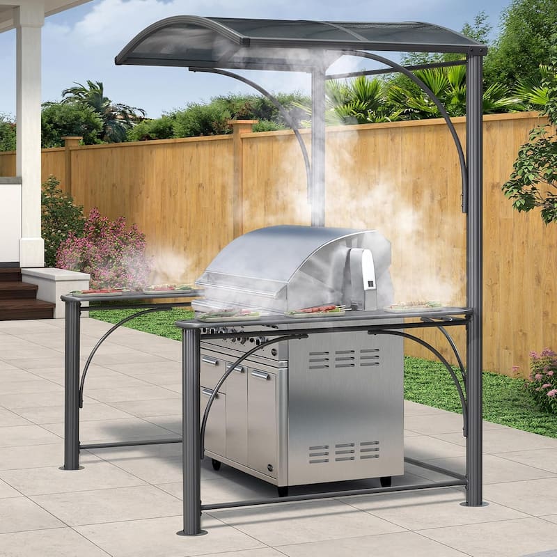 PURPLE LEAF Barbecue Grill Gazebo Aluminum Frame Grill Shelter with Shelves Hardtop with Hook Sunshade Grey