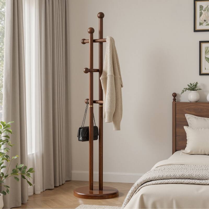 Freestanding Coat Rack Wooden Coat Tree with 6 Hooks and 2 Main Rods - 73.23"H x 15.75"W