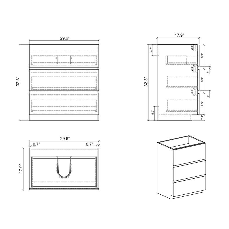 Alice Contemporary Bathroom Vanity - Gray Finish, Handle-Free Design, Silent Drawers, 32.3" Tall, No Basin - 29.7in L