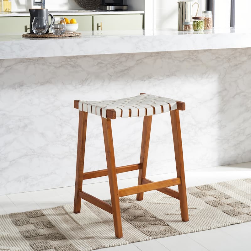 SAFAVIEH Didy 27-inch Woven Leather Rectangle Counter Stool - 19" W x 19" D x 27" H - 19Wx19Dx27H - White/Natural