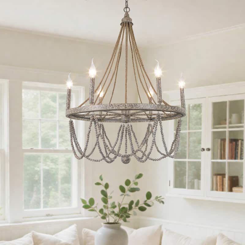 Farmhouse 6-Light Empire Boho Wood Beaded Wagon Wheel Chandelier for Living Dining Room - L25.5"xW25.5"xH37"