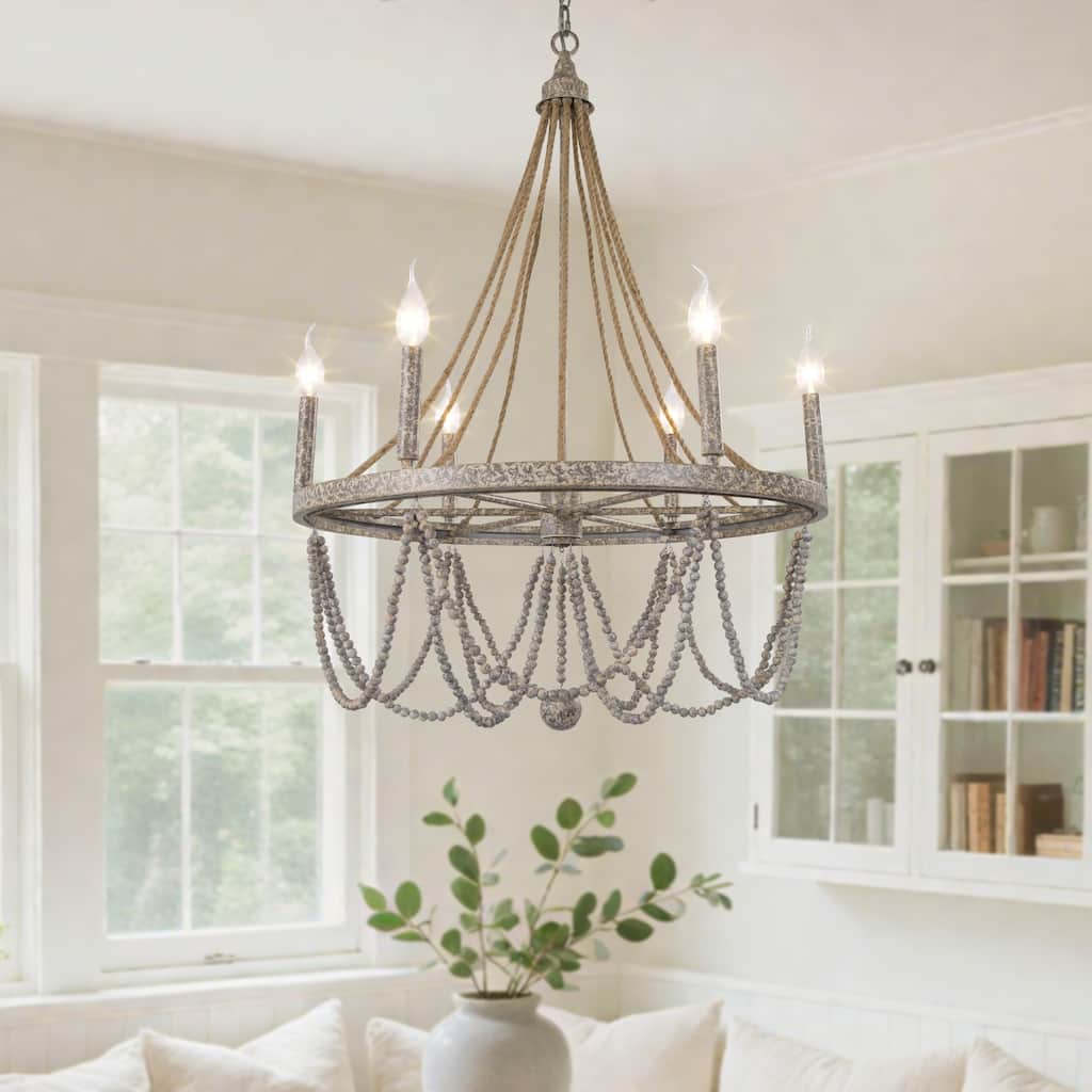 Farmhouse 6-Light Empire Boho Wood Beaded Wagon Wheel Chandelier for Living Dining Room - L25.5"xW25.5"xH37"