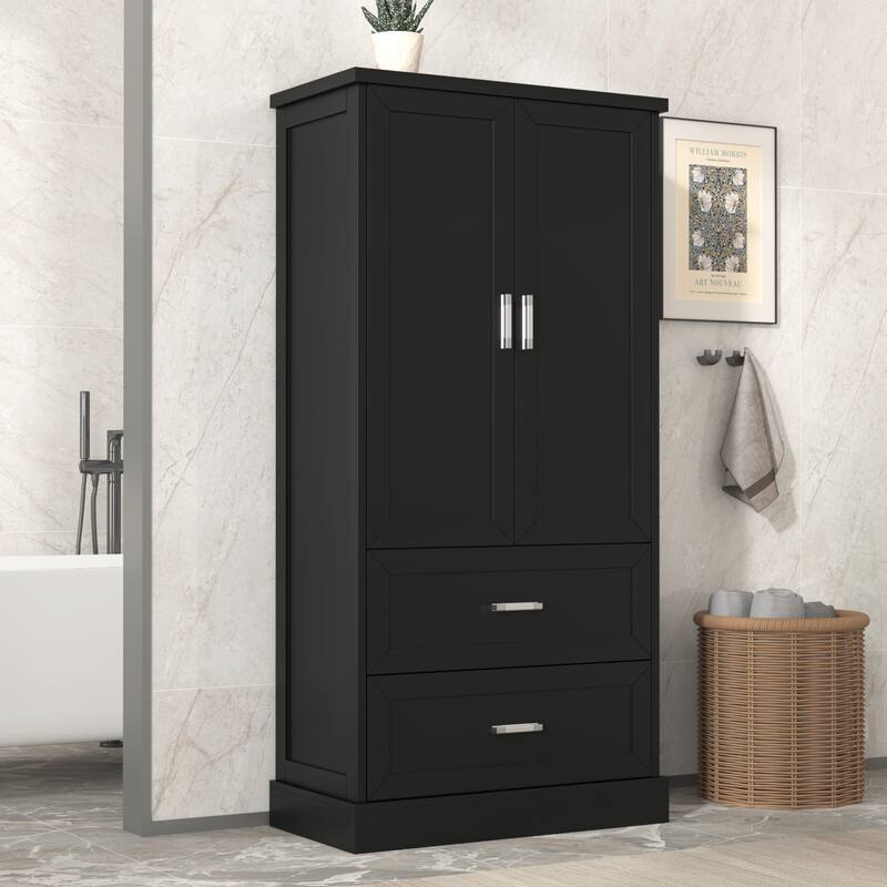 Tall Bathroom Storage Cabinet with Two Doors and Drawers, Adjustable Shelf, MDF Board