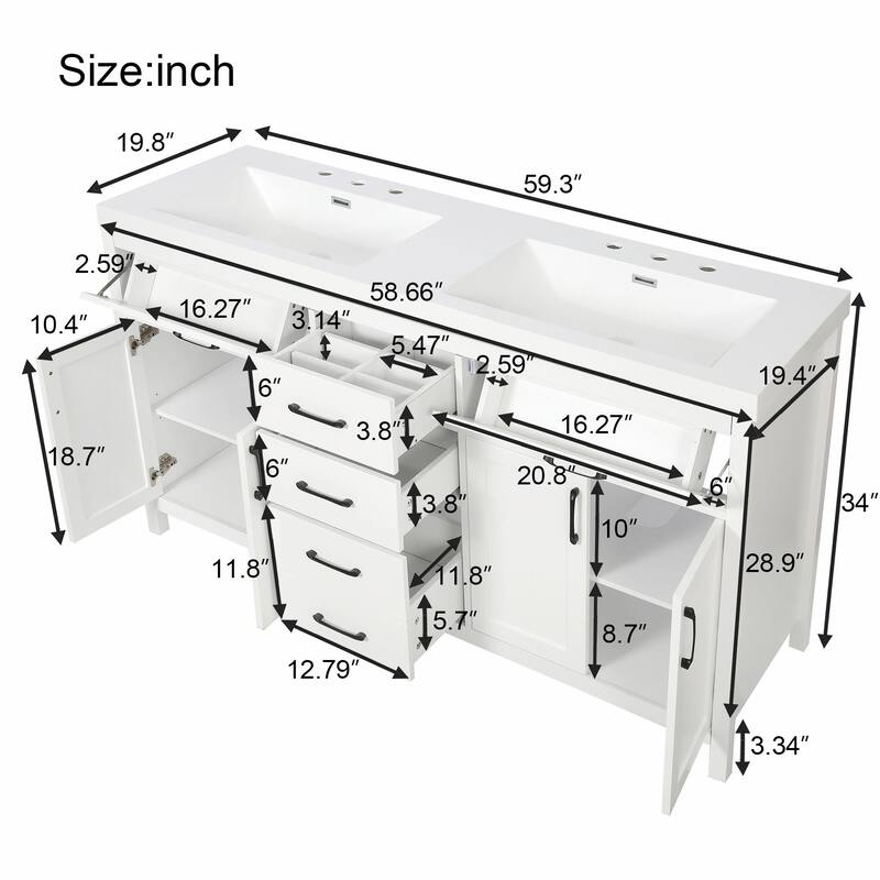 59.3" Modern Double Sink Bathroom Vanity with SMC Sinks, Solid Wood Frame, Soft-Close Doors & Drawers, Adjustable U-Shaped Shelf