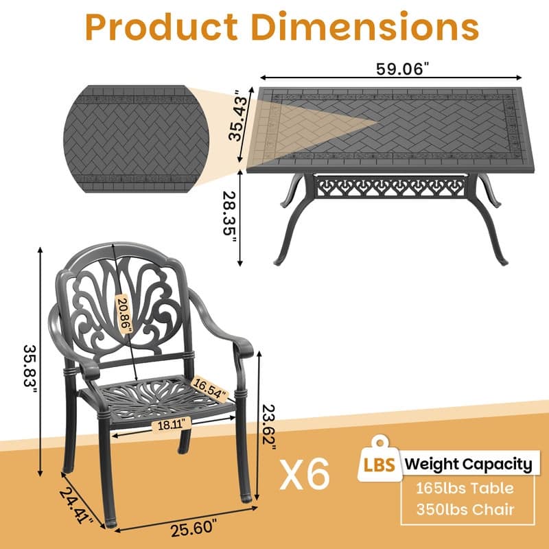 7-Piece Cast Aluminum Outdoor Dining Set with Random Color Seat Cushions