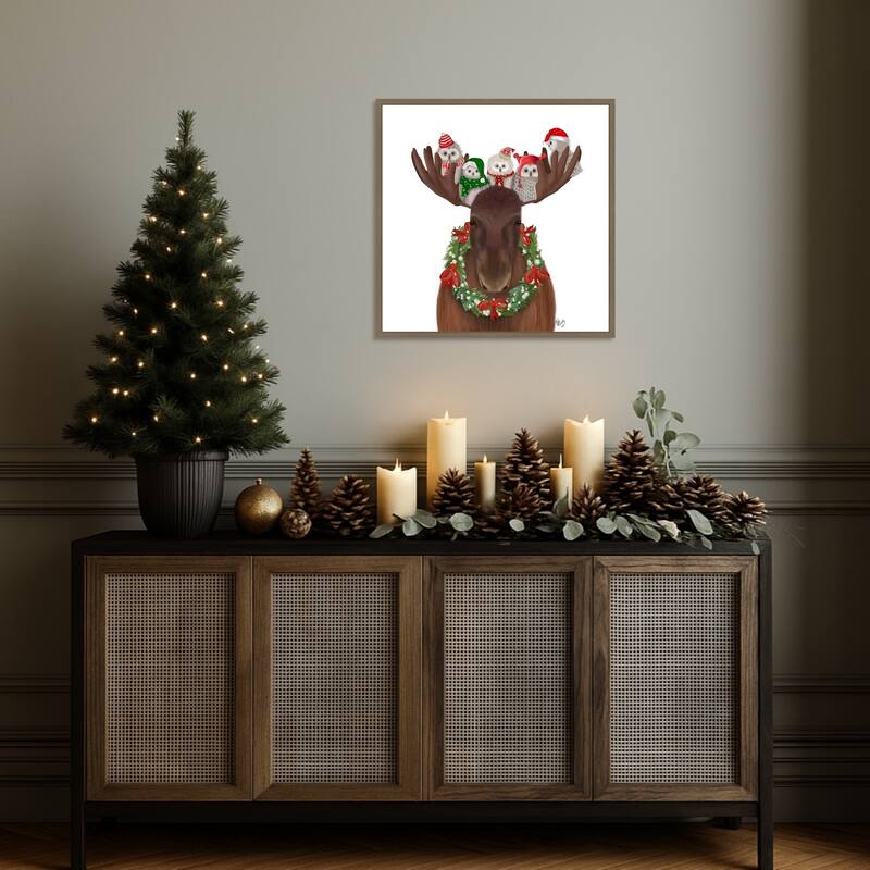 Christmas Moose and Christmas Owls Forward by Fab Funky (22 x 22 in.), Framed Canvas Wall Art Print - Sylvie Dark Gold