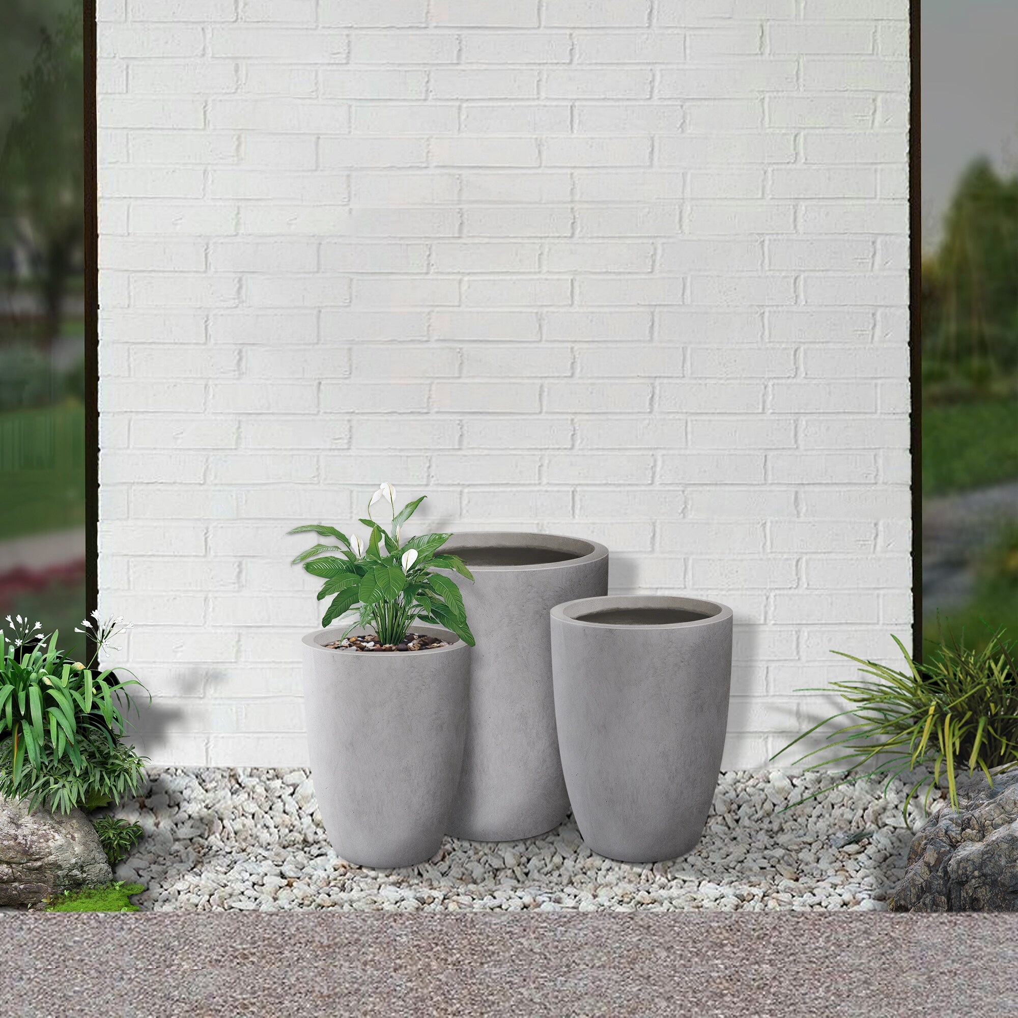 Kante 3 Piece 22.4, 20.4 and 18.1H Round Charcoal Finish Concrete Modern Tall Planters, Outdoor Indoor Decorative Plant Pots with Drainage Hole and