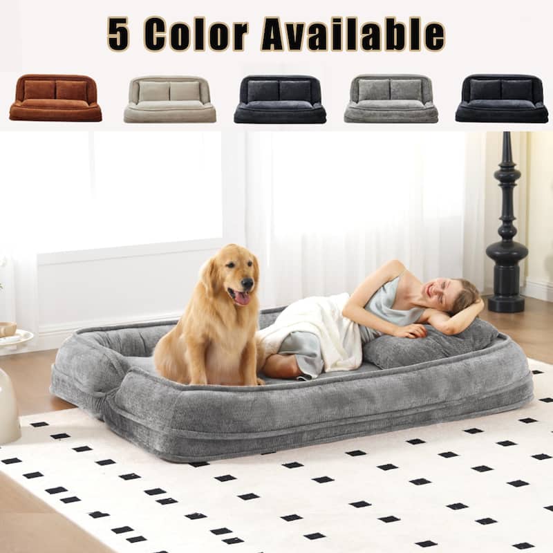 Pet Friendly Lazy Loveseat Sofa 2-in-1 Chenille Floor Couch Double Human Sleeper Bed with 5 Adjustable Position, Plump Pillows