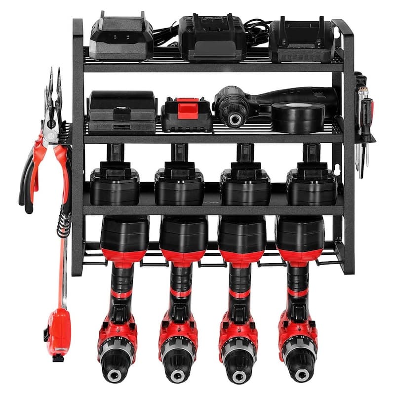 4-Tier Black Wall-Mounted Power Tool Rack with Drill Slots Shelves and Hooks for Garage Storage - 19.29” x 7.87” x 14.57”
