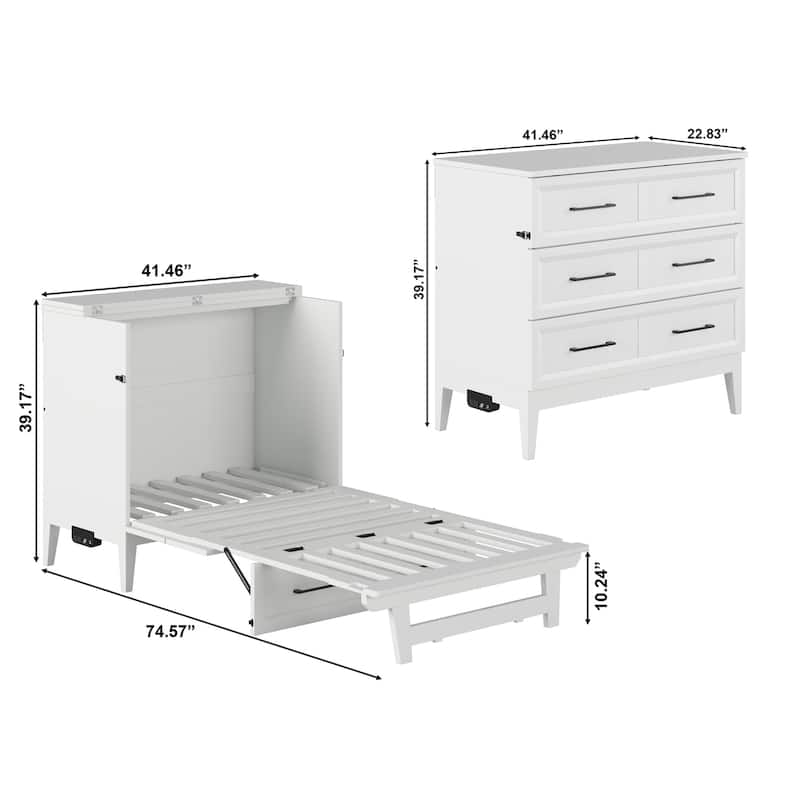 Twin Murphy Bed with Storage Chest & Charger - Solid Wood Folding Bed - Space Saving Furniture