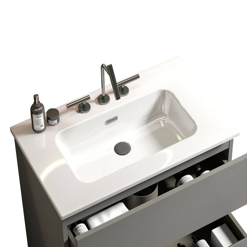 GDFStudio - 30'' Integrated Ceramic Bathroom Sink, Wall-Mount or Countertop Compatible (Faucet & Drain Not Included) - 24"(three predrilled faucet hole) - Gloss White