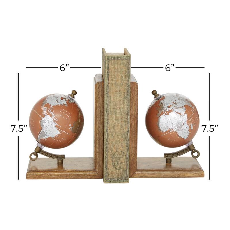 Wood Globe Bookends - Set of 2 Brown - Roche River Decor - 4"W x 6"L x 7"H