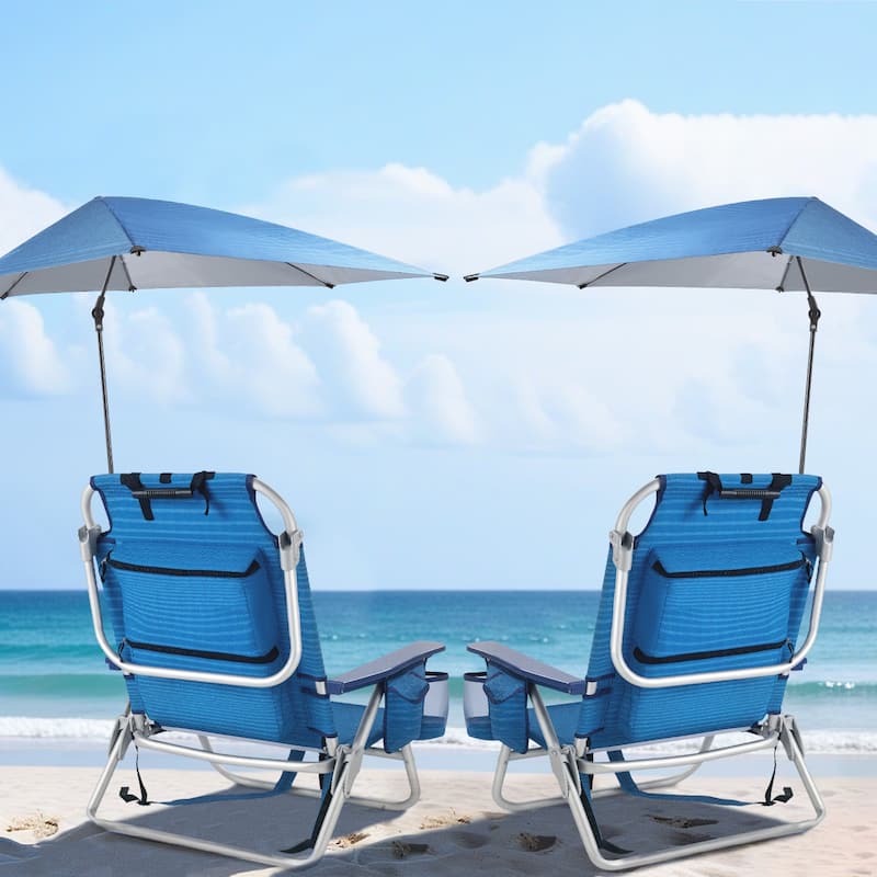 BOSSIN Outdoor Beach Chairs with Umbrella,Folding Backpack Beach Chair with Pockets and Cup Holder,Adjustable height Towel Rack - 2pcs-Blue