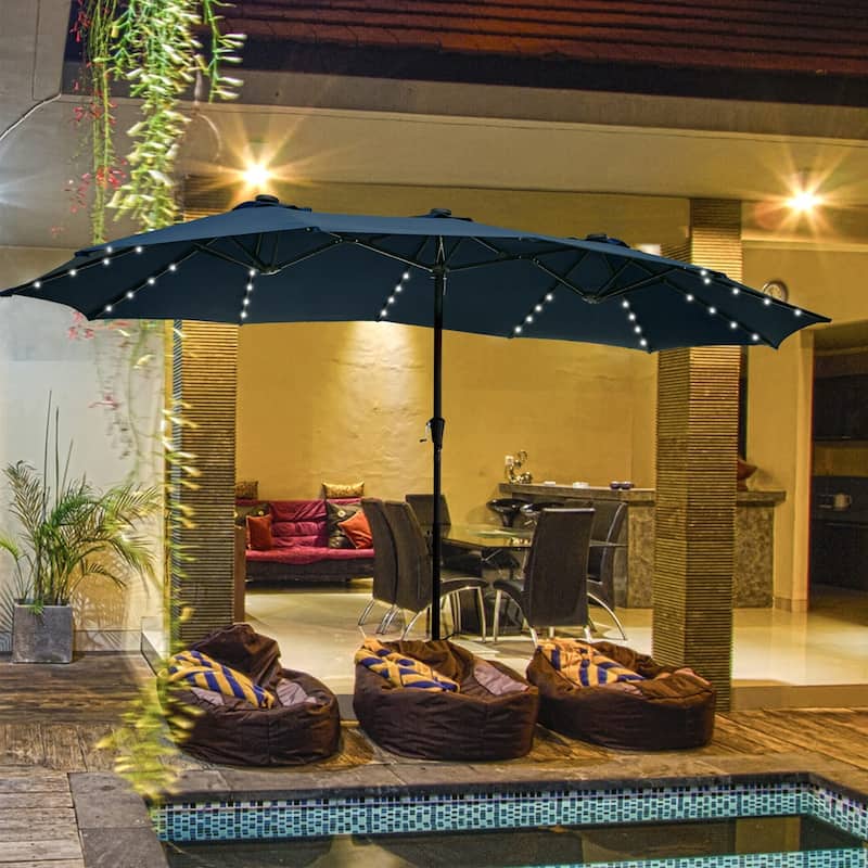Ainfox 15ft Double-Sided Patio Umbrella with Base Large Outdoor Umbrella with LED Solar Lights - Navy Blue