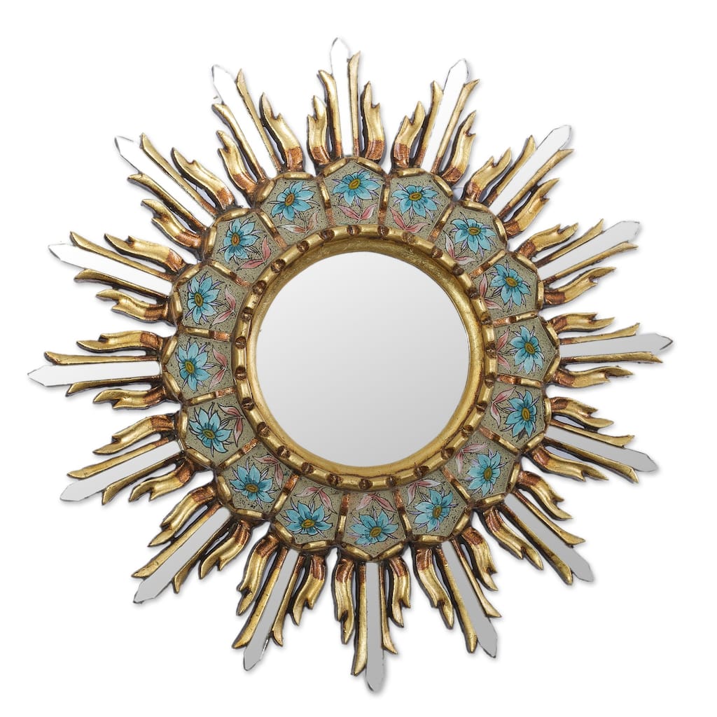 NOVICA Handmade Sunny Arrangement Bronze Gilded Reverse-Painted Glass Wall Mirror