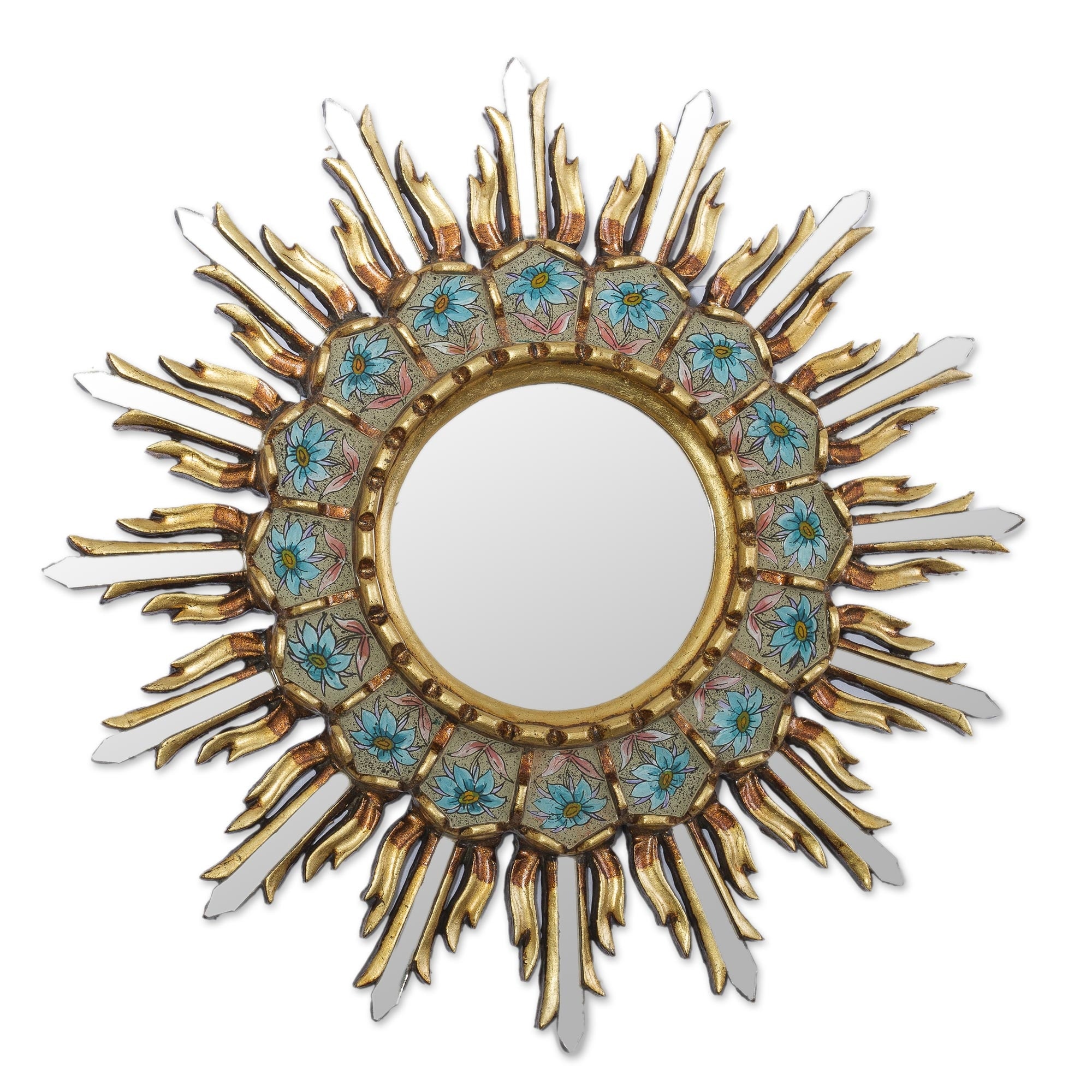 NOVICA Handmade Sunny Arrangement Bronze Gilded Reverse-Painted Glass Wall Mirror