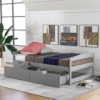 Twin Size Wood Platform Bed with Two Drawers, Grey