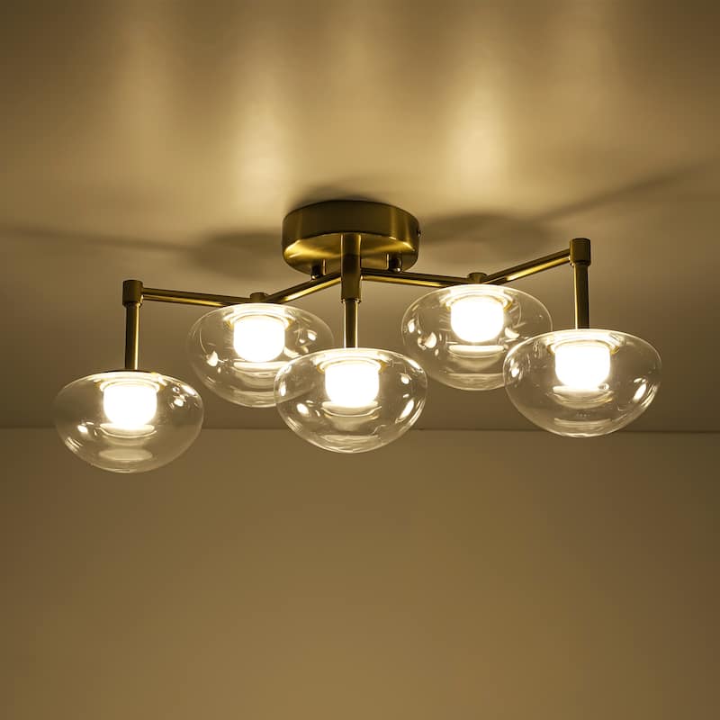 20.9" 5-Light Modern Gold Integrated LED Bathroom Vanity Light/Semi-Flush Mount Light with Clear Oval Glass Shades