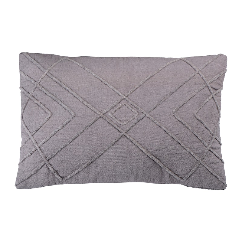 Embroidered Cotton Geometric Lumbar Pillow - Grey