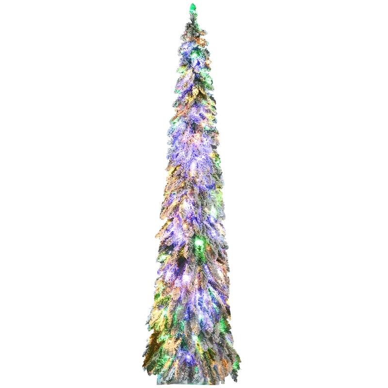7ft Tall Prelit Pencil Artificial Christmas Tree Holiday Décor with 534 Snow Flocked Branches, 350 Warm White - Green - Green
