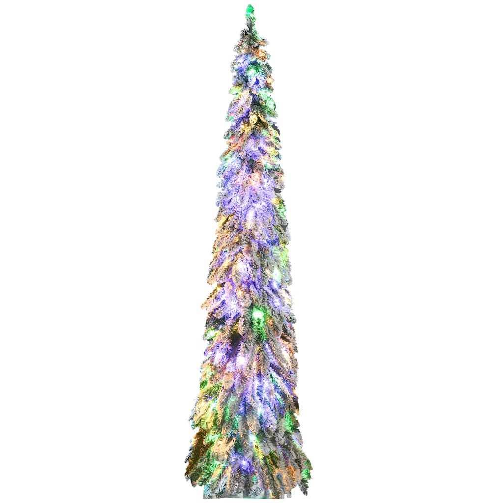 7ft Tall Prelit Pencil Artificial Christmas Tree Holiday Décor with 534 Snow Flocked Branches, 350 Warm White - Green
