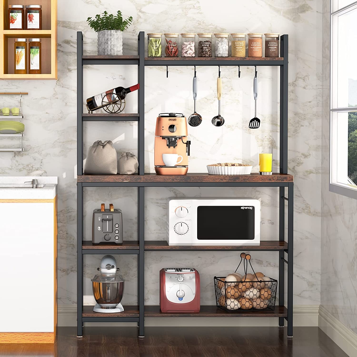 5 Tier Bakers Rack Utility Storage Shelf with Storage Hutch for