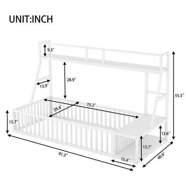 dimension image slide 1 of 4, Floor Bed Frame with Safety Fence, Metal Floor Bed with Desk and Storage Shelves, Playhouse for Kids