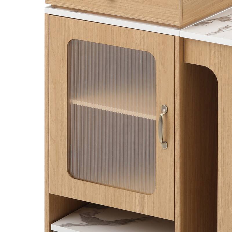 Kitchen Island with Extendable Dining Table, Kitchen Storage Table with 2 Drawers, Power Outlet, Open Shelves, for Diningroom