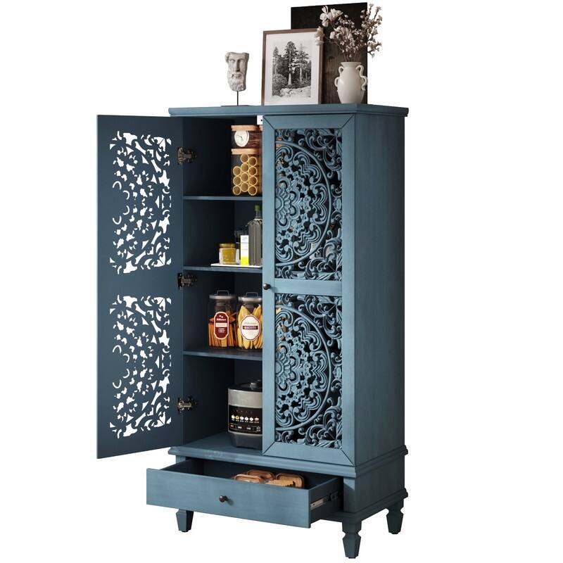 Rustic 55" Tall Storage Cabinet with Drawer, Decorative Carved Wood Accent for Living Room or Dining Area