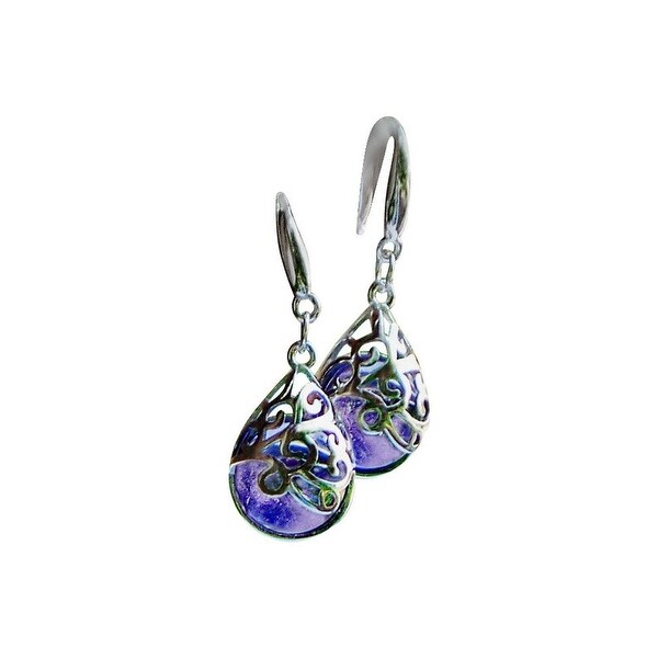 Recycled Early 1900's Purple Medicine Bottle and Sterling Silver Filigree Teardrop Earring. Opens flyout.