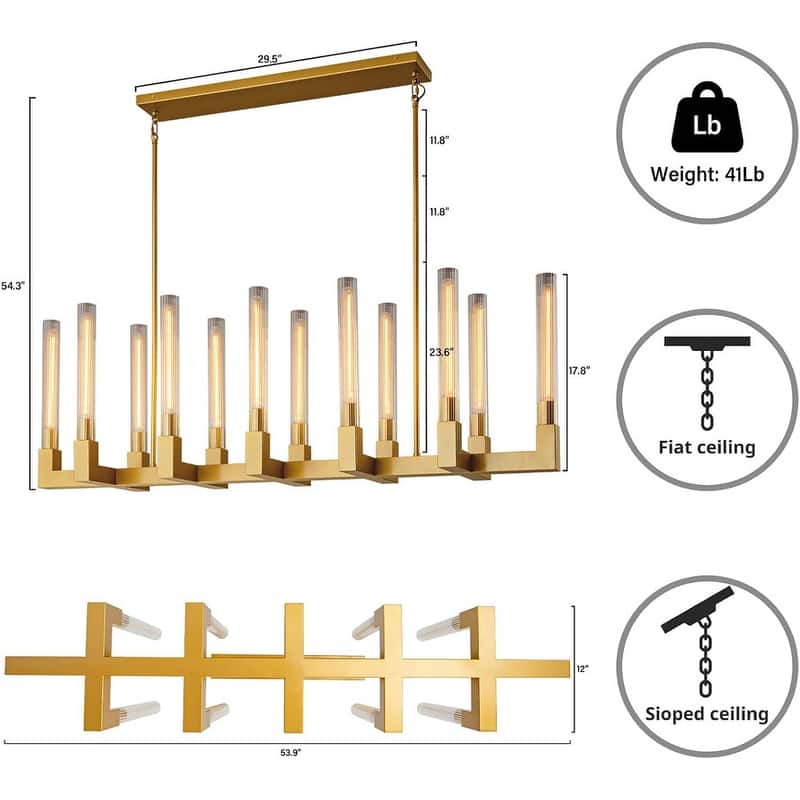 KAYLA 12-Light Candlestick Chandelier, Modern Chandelier with Glass Shade, Retangular Luxurious Ceiling Pendant Light - 54in