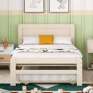 Twin Size Platform Bed Simple Wood Bed Frame with Twin Trundle Underneath, Wood Slat Support No Box Spring Needed, White Washed