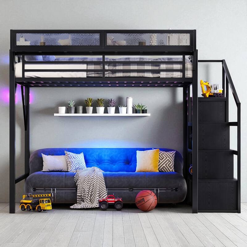 Metal Loft Bed Twin XL/Full/Queen with Storage Stairs, Built-in Wardrobe, USB Ports and LED Lights