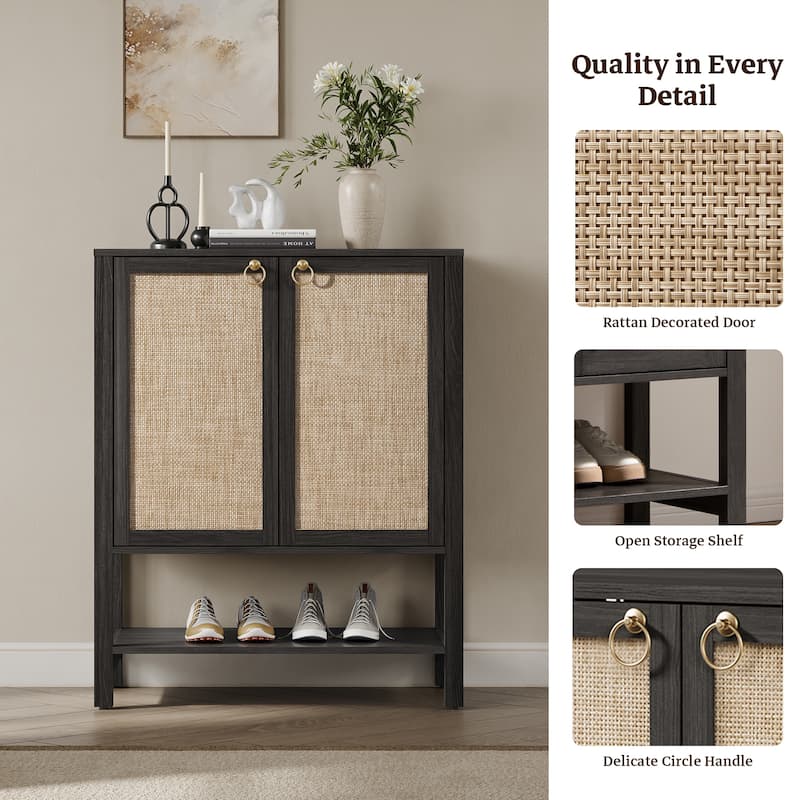 Rattan - Doors Shoes Cabinet with Adjustable Interior