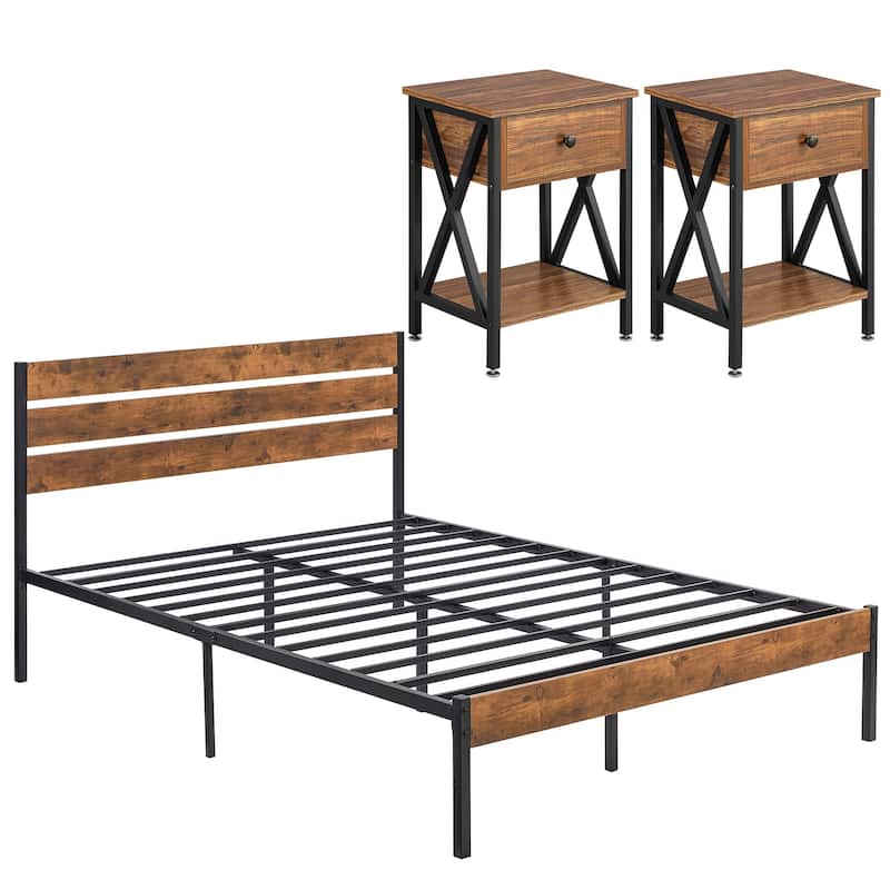 Javlergo Modern 3-Pieces Bedroom Set with Platform Bed Frame and Nightstands