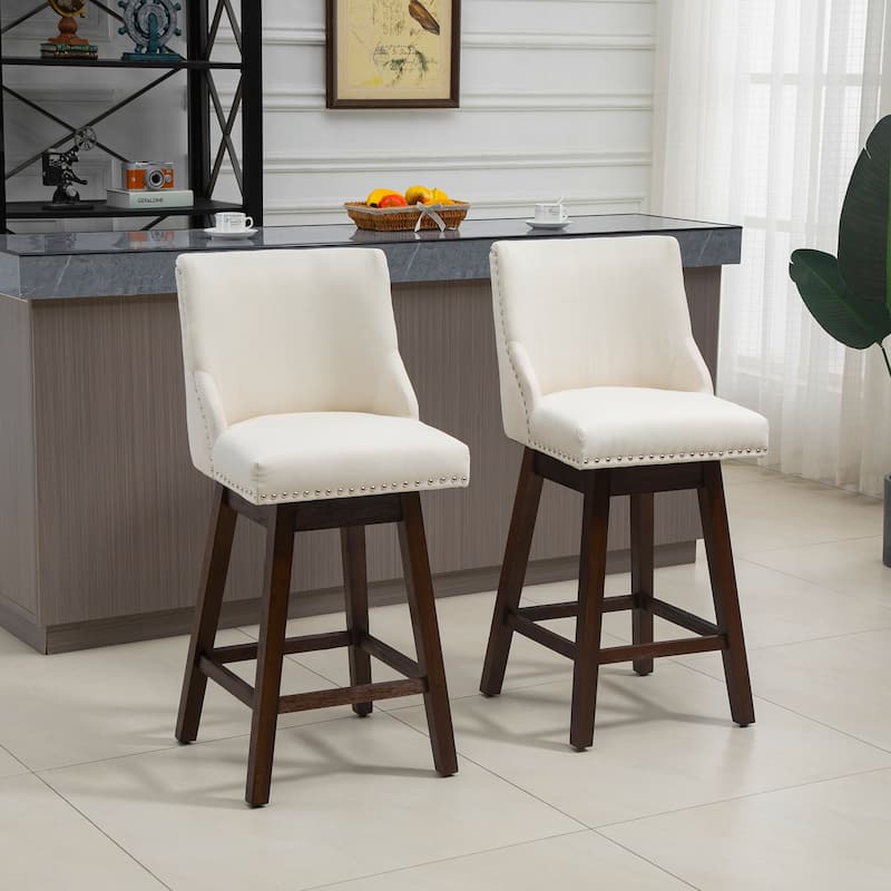 HOMCOM 28" Swivel Counter Height Bar Stools with Backs, Upholstered Dining Room and Kitchen Bar Stools Set of 2 with Wood Legs