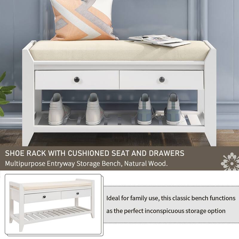Multipurpose Storage Shoe Bench with Cushioned Seat and Drawers