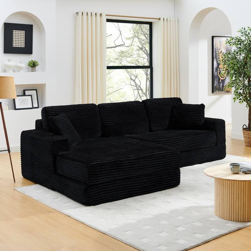 112.6" Modern L-shaped Modular Sectional Sofa in Corduroy, Unfold into Bed for Rest