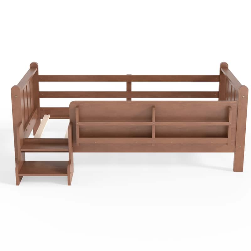 Full/Twin Floor Bed with Storage Bookcases & Cute Stairs - Solid Wood Kids Bed, No Box Spring