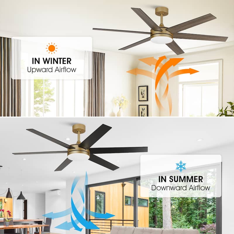 60" Transitional Brass Reversible Blades Smart Ceiling Fan with Dimmable LED Light and Remote