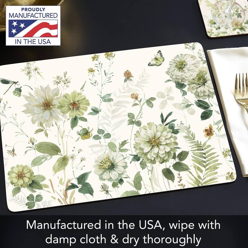 Green Fields Premium Decorative Hardboard Cork Back Tabletop Placemats 4 Pack Manufactured in The USA Heat Tolerant