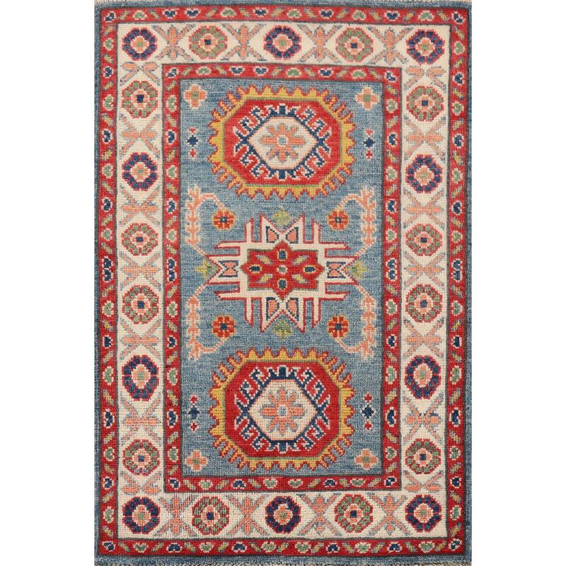 Hand Knotted Oriental 100% Wool Carpet Traditional Geometric Navy Blue & Blues Kazak Area Rug - 3' 0'' X 2' 0''