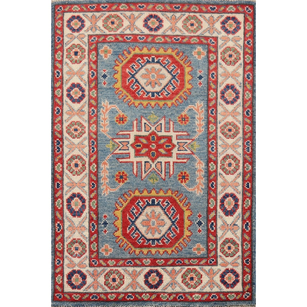 Hand Knotted Oriental 100% Wool Carpet Traditional Geometric Navy Blue & Blues Kazak Area Rug - 3' 0'' X 2' 0''