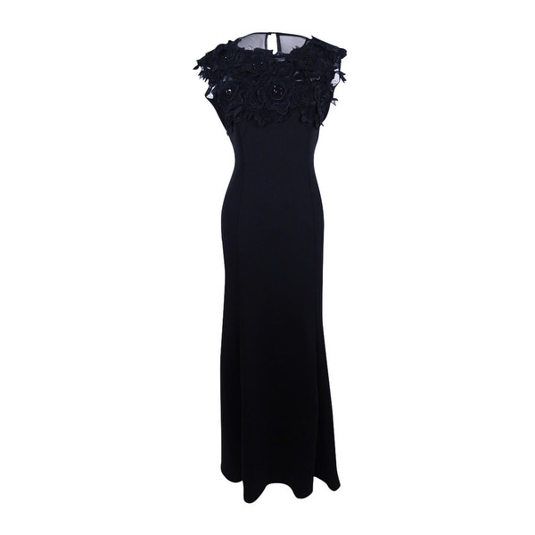 SL Fashions Women's Floral Lace Illusion Scuba Gown - Black