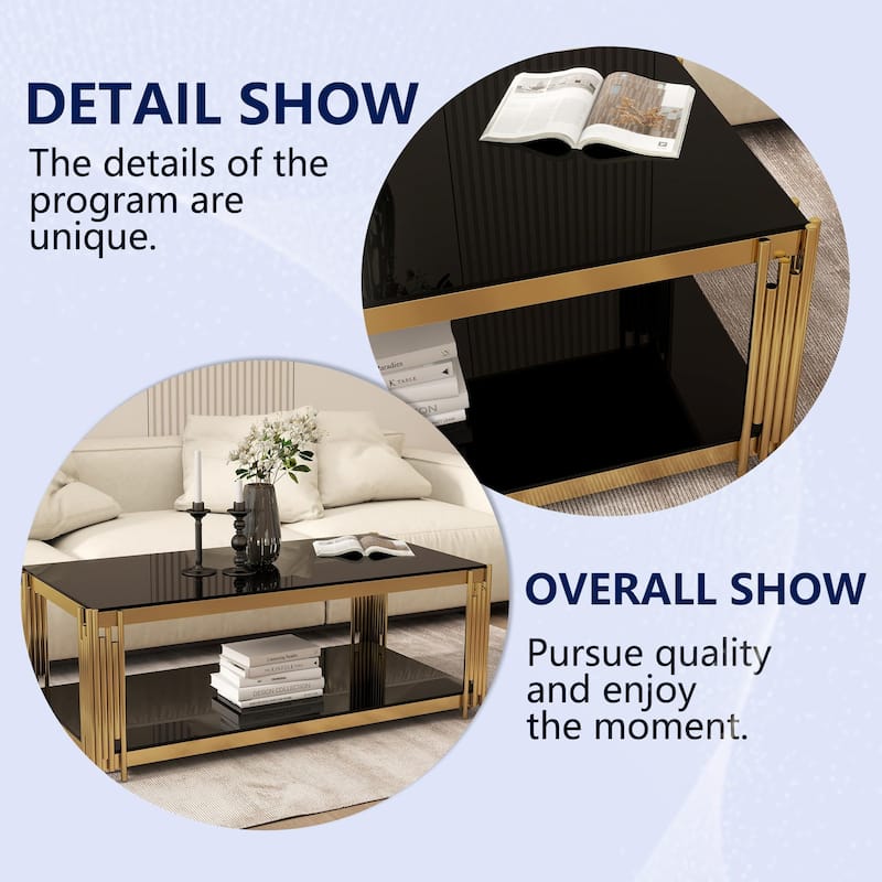 47 '' Rectangular 2 Layer Coffee Table, Modern Living Room Table with Tempered Glass Tabletop and Stainless Steel Metal Legs