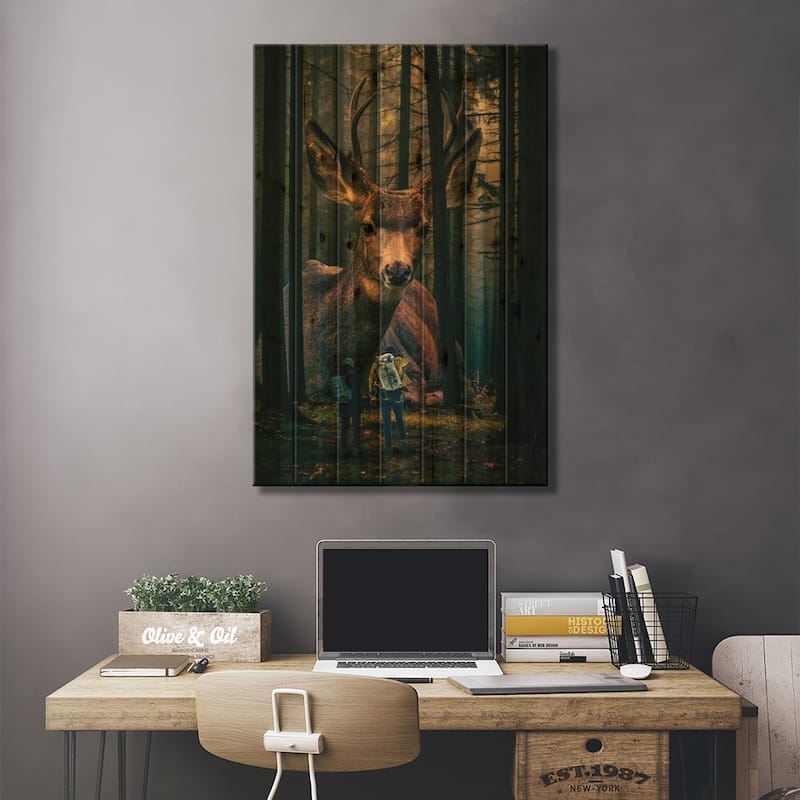 Giant Deer In A Forest Print On Wood by David Loblaw - Multi-Color