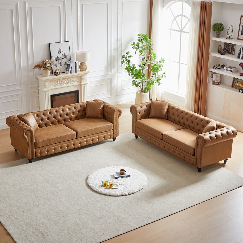 Chesterfield Button Tufted Sofa Set of 2 with Nailhead Trim, 3+3 Seat - Brown
