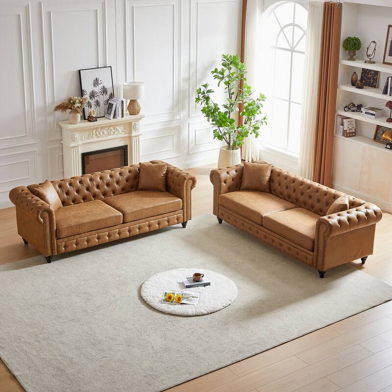 Classic Chesterfield Sofa with High-Density Cushions and Metal Accents - Brown